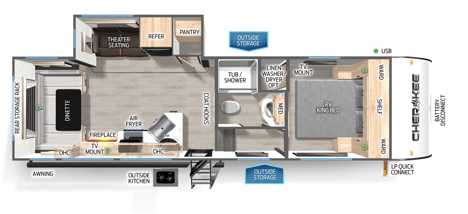 The Cherokee Black Label 265SBBL floorplan has one entry and one slide out. Exterior features include: fiberglass exterior and outside kitchen. Interiors features include: u-dinette and front bedroom.